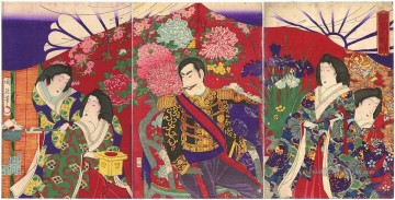  Arran Tableaux - Inspection impériale de la fleur l’empereur impératrice et les dames de Cour regardent les arrangements floraux Toyohara Chikanobu